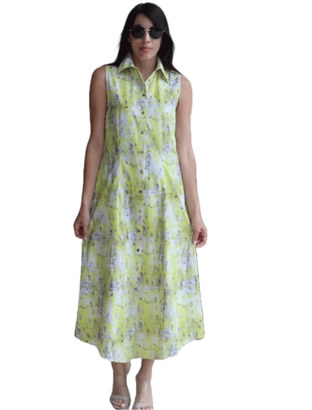 Marilyn's Chic Collar Button Down Sleeveless Long Print Dress